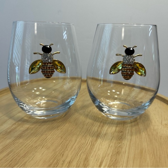 Rachel Zoe Bumble Bee Stemless Wine Glasses Tumblers Set Of 2 - Picture 2 of 6